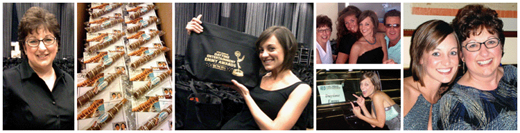 A woman holding an emmy award bag and two men