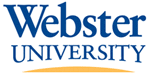 A blue and yellow logo for webster university.