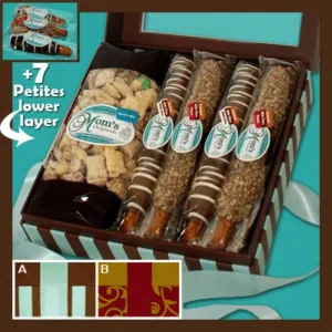 A box of seven different flavored pretzels and nuts.