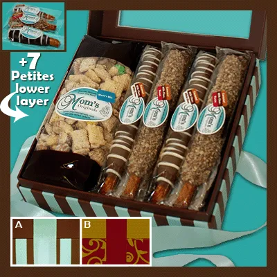 A box of seven different flavored pretzels and nuts.