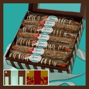 A box of 1 2 chocolate covered pretzel rods.