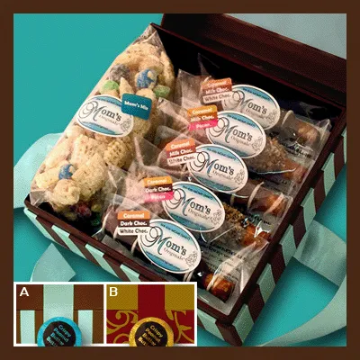 A box of cookies and other treats with labels.