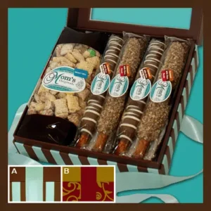 A gift box with pretzels, nuts and other treats.